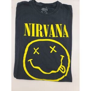 Nirvana Rock Band Yellow Smiley Face Graphic T-Shirt Blk 100% Cotton Unisex XL